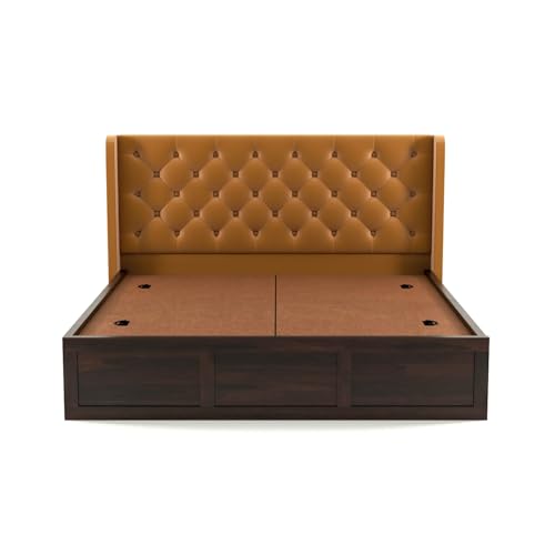 Image of Solid Sheesham Wood King Size Bed with Storage | Wooden Double Bed Cot Bed with Box Storage & Velvet Upholstered Cushioned Headboard for Bedroom (Walnut B, King)