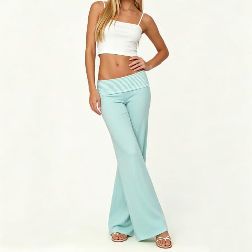 Image of Lounge Yoga Pants for Women Fold Over Low Waist Wide Leg Bell Bottoms
