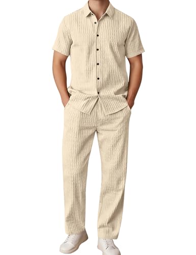 LecGee Men's 2 Piece Vertical Textured Sets Button Down Shirts and Elastic Waistband Pants Outfits(Beige,Medium)