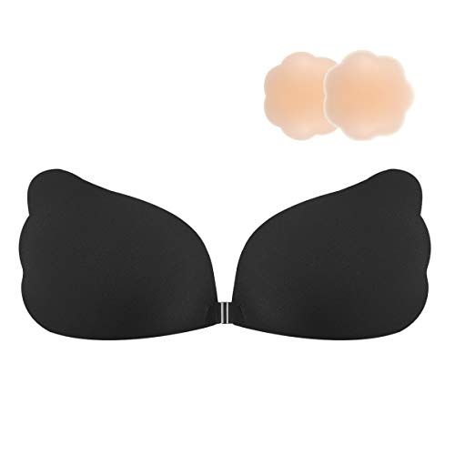 Niidor Adhesive Bra Sticky Bra Wing-Shape Reusable Strapless Backless Bra Invisible Push up Silicone Bra for Women-Black-F