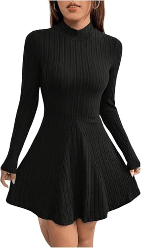 TrendiMax Damen Kleid Herbst Winter Freizeitkleid Langarm Minikleid Skaterkleid A Line Pullover Kleid Kurz Partykleid Winterkleid (M, Schwarz)