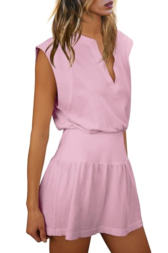 Image of LAMISSCHE Womens Summer Dress Sleeveless Mini Dress Flowy Vacation Beach Dresses Casual V Neck Elastic Waist Sundresses