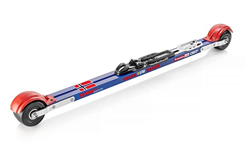SRB Skiroller CR07+ Classic Premium Norwegen Edition inklusive Bindung, Rollski, Achsenabstand 710mm, Rad: 70mm Durchmesser und 45mm Breite, Aluminium Holm, Made in Germany, Skiroller blau, rot