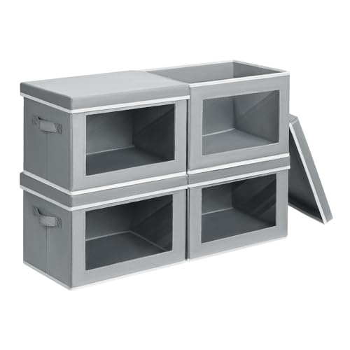 Image of Homsorout Storage Bins with Lids - Small Fabric Organizers with Window, Collapsible Storage Bins for Clothes, Decorative Closet Organizers for Towels, Tshirt, 4 Pack, Grey