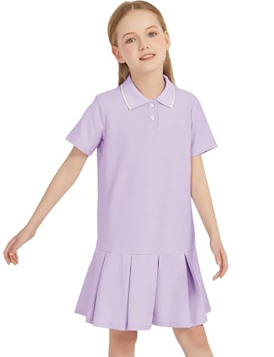 Flygo Girls Athletic Polo Dress for Tennis Golf, Breathable Pique with Ruffle Trim, Short Sleeve Summer Active Sports Dresses