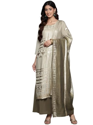 Kurta femme Varanga avec pantalon et dupatta marron olive S