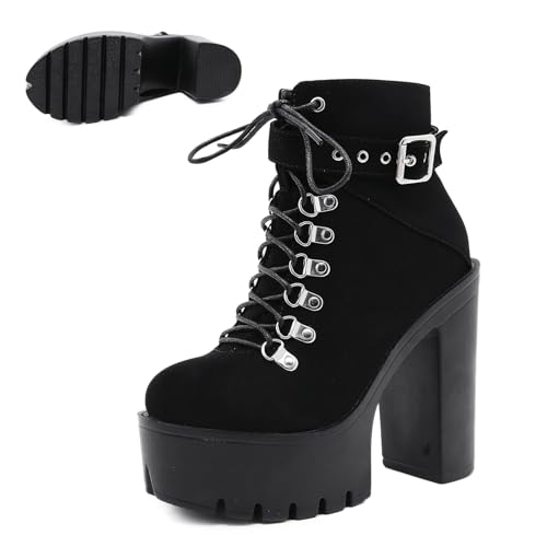 Women's Chunky Heel Platform Goth Dress Ankle Boots Classic Round Toe Lace Up Side Zipper High Block Heel Combat Bootie