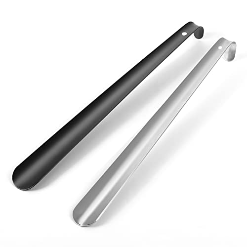 Chuner Calzador de Acero Inoxidable 2 Piezas, 42CM Calzador de Zapatos Largo Fácil de Utilizar, Cuerno de Zapato muy Estable y Ergonómico para Hombres Mujeres Niños Personas (Plata/Negro)