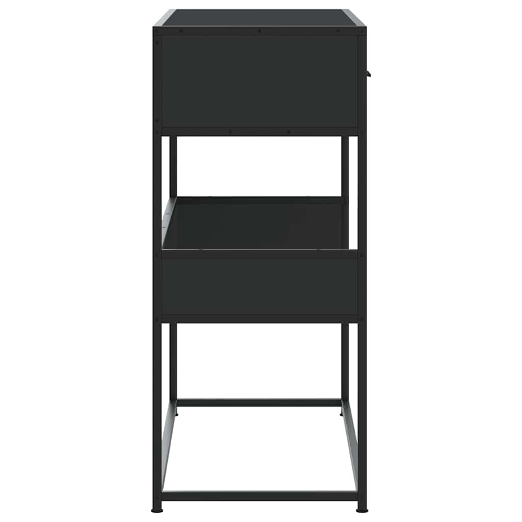 Stolik konsolowy, czarny, materiał drewnopochodny, 90 x 35 x 80 cm, z metalowym stelażem, schowkiem, szufladą i półką, stolik pomocniczy do salonu, sypialni, korytarza, stabilny i łatwy w