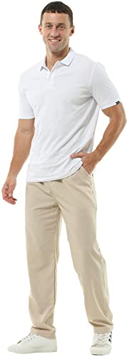 HOEREV Men Casual Strandhosen Leinen Hose- Gr. L (Taille 36-38 zoll), Beige