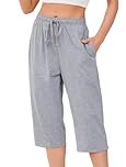 Vlazom Cotton Women's Pyjamas Bottoms Casual Capri Pants Short Ladies Lounge Pants with Pockets Drawstring Sleepwear, Light Grey, XXL