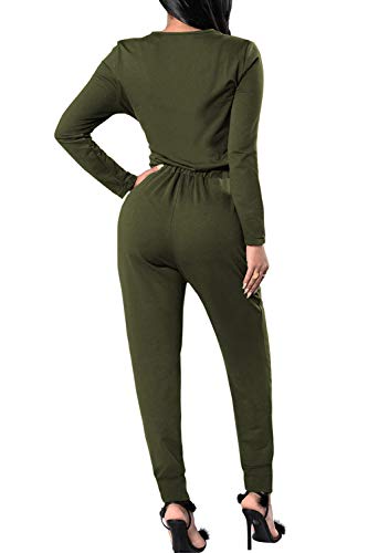 Fixmatti Women Long Sleeve V Neck 1PC Drawstring Jumpsuit Outfit Army Green S
