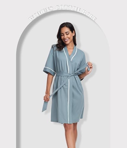 Image of ANLIQI Womens 100% Cotton Robes Lightweight Summer Short Sleeve Lady Bathrobe Knee Length Kimono Robe Sleepwear with Pockets