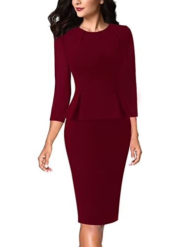 Image of VFSHOW Womens Pleated Crew Neck Peplum Slim Work Business Dress Elegant 3 /4 Sleeves Office Church Bodycon Pencil Sheath Dress