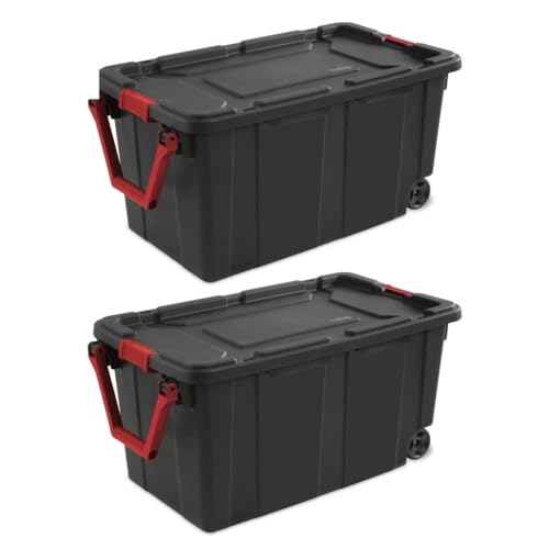 40 Gallon Wheeled Industrial Tote Plastic Storage Bin Black Set of 2