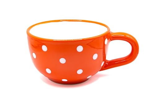 UNGARNIKAT Jumbo Tasse en céramique avec poignée, 500 ml, grande tasse à café pour petit-déjeuner, céréales, flocons de haffer, soupes, passe au micro-ondes, Ornange avec pois blancs moulus à la main,