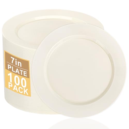 I00000 100 Pc Ivory Plastic Plates 7inch Small Cream Dessert Plates Elegant Disposable Plate Perfect for Birthday Wedding Baby & Bridal Shower or Party (100 Guests)