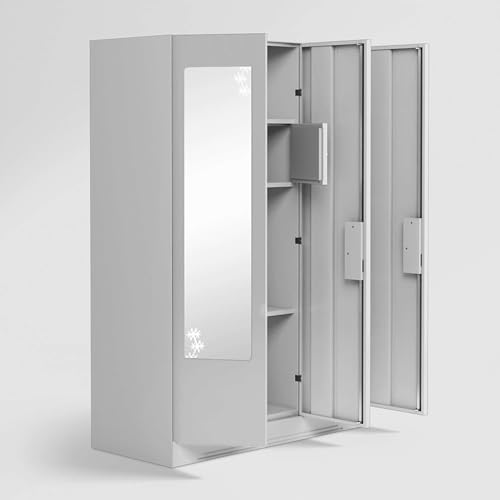 Image of Interio by Godrej Almirah Slimline 3-Door Steel Almirah, Cupboard for Clothes (Royal Ivory), 1-Year Warranty, 6 Shelves, 1 Locker, 2 Drawers, Star Design Mirror