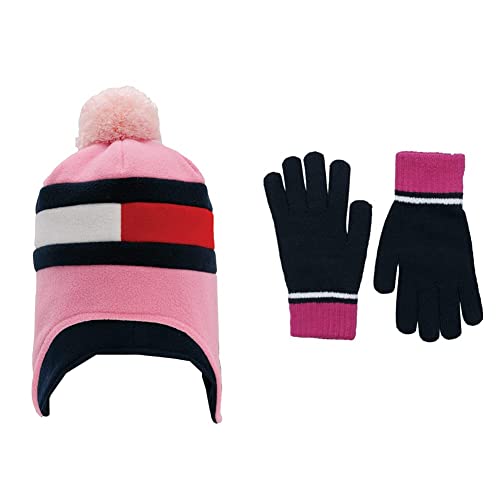 Tommy Hilfiger Girls Pink Pom Pom Earflap Hat, One Size, Modern, Striped