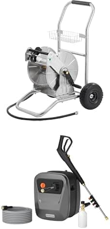 Giraffe Tools 1/2" 200ft Matel Water Hose Reel Cart+Giraffe Tools Grandfalls Wall Mounted Pressure Washer G20 Pro, 65 FT Hose,4 Quick-Connect Nozzles,Foam Cannon,2500 MAX PSI 2.2 GPM