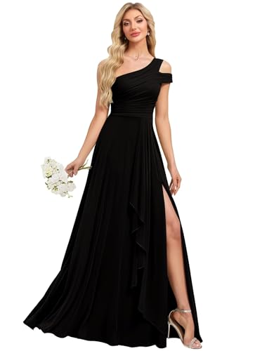 One Shoulder Bridesmaid Dresses for Wedding Long Prom Dress Pleated Chiffon Formal Party Gowns with Ruffles Slit