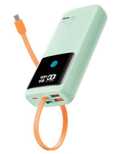 Image of Portable Laptop Charger 24000mAh 65W w /USB C Built-in Cable Green | 65W Fast charging, LED display, Charge 4 devices at once, Pass through, TSA approved, Compatible with Macbook /Notebook /iPhone