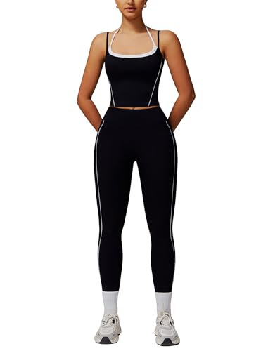 ABOCIW Workout Sets for Women Layered Cropped Tank Top Longline Sports Bra High Waist...