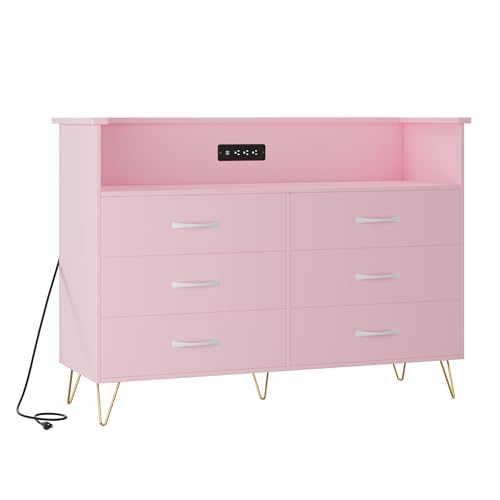 Image of Dresser for Bedroom with 6 Drawers, Wide Wood Chest of Drawers with Charging Station & RGB LED Lights - Storage and Organization Dresser for Living Room, Closet, Hallway, MDF Cabinet, Pink