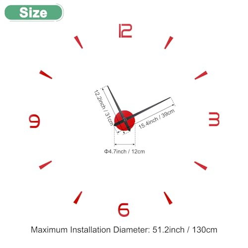 Horloge murale 3D rouge autocollante design moderne sans cadre