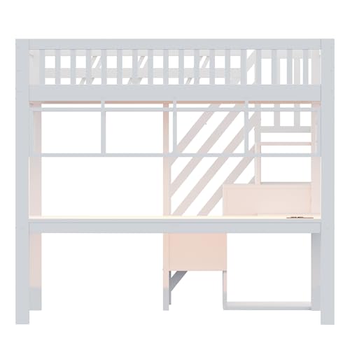 Merax Hochbett 90x200 cm, Massivholzrahmen, mit Schreibtisch, LED-Beleuchtung & USB-Steckdose, Kinderbett/Jugendbett mit Stauraum, platzsparendes Einzelbett, Weiß (ohne Matratze)