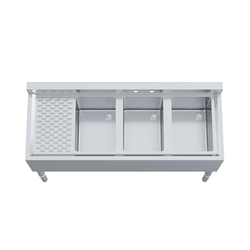 Image of AmGood 48 in. x 18-3 /4 in. Three Compartment Under Bar Sink with Left Drainboard. 48 in. x 18-3 /4 in. x 30 in. with 3 in. Backsplash, 10 in. x 14 in. x 10 in. Bowls. NSF