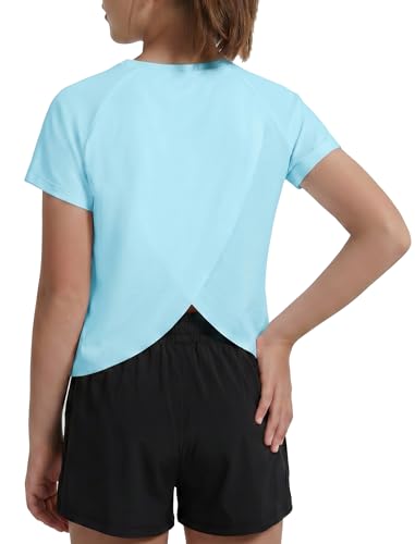 Image of EXARUS Girls Athletic Shirts Quick Dry Workout Split Back Crop Tops 6-14Y | Tween Athletic Sports Soccer Activewear Gym Running Dri Fit Teen Tennis Performance Hiking Short Sleeve Tees Kids 6-14Y