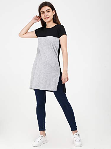 Image of FLEXIMAA Women's Cotton Round Neck Color Block Half Sleeve Long Top