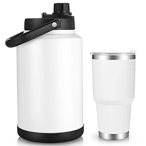 Sursip 128 Oz Insulated Water Bottle,One Gallon Stainless Steel Vacuum Double Walled Water Jug with 30OZ Cup,18/8 Food-Grade Insulated Water Bottle for Hot and Cold Drinksï¼ˆWhiteï¼‰