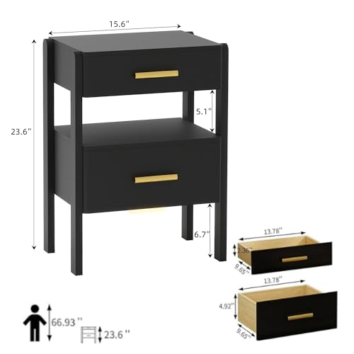 Image of Solid Wood Nightstand with 2 Drawers and Open Shelf Bedside Table End Table