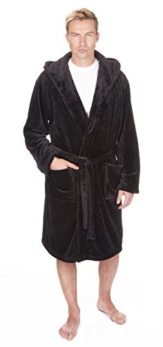 Image of Pierre Roche Big & Tall Men's Fleece Hooded Robe - Winter Dressing Gown - Sizes 3XL-5XL Black