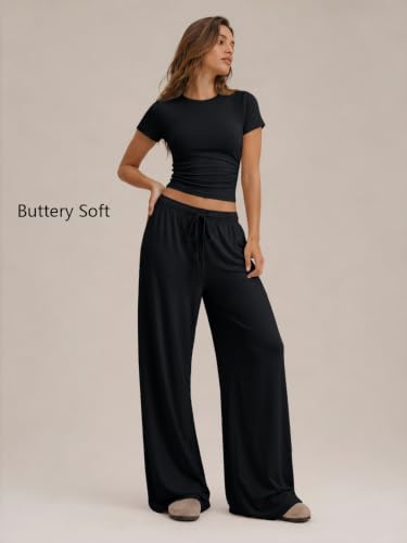Image of Trendy Queen 2 Piece Matching Summer Lounge Set Womens Side Ruching Top Wide Leg Pants Sets with Pockets