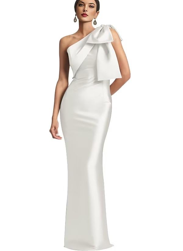 Image of One Shoulder Bridesmaid Dresses with Bow Long Mermaid Satin Back Slit Mother of The Bride Dresses PM004