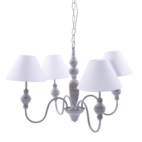 DiKasa Lampadario a Sospensione 4 Bracci in Metallo Grigio Stile Shabby Chic, Paralumi in Tessuto Bianco Smontabili, Attacco E14, Diametro 56 cm Altezza 95 cm