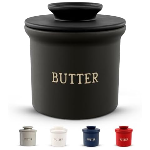 Kook Butter Crock with Lid, Soft Spreadable Butter, Ceramic French Butter Keeper to Leave On Counter with Water Line, Butter Dish, Home and Kitchen Decor, Perfect for Christmas Gift (Black) Cover