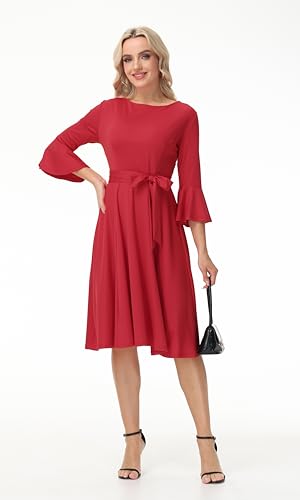 Image of Hostoyo Church Dress for Women Wedding Guest Cocktail Party Dresses Evening Prom Formal Modest Gowns Crew Neck Bell Sleeve