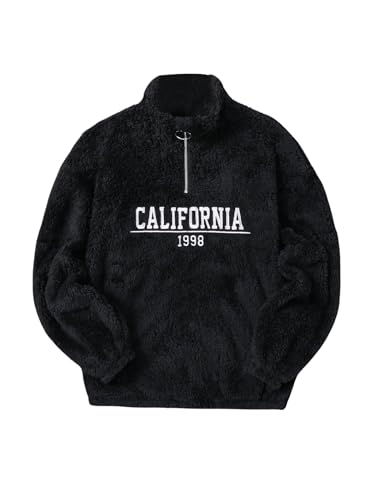 WDIRARA Boy's Fuzzy Letter Embroidery Fleece Sweatshirt Half Zip Pullovers Long Sleeve Top