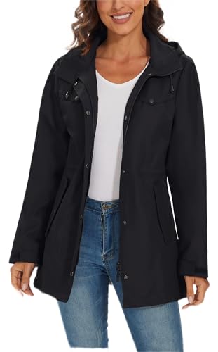BenBoy Chaqueta Impermeable Mujer Respirable Ligero Chaqueta de lluvia Prueba de largo Viento Cortavientos de Deporte Basic con Capucha Chubasquero YY0917W-Black1-S