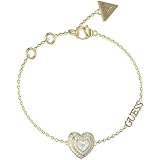 GUESS Pulsera para mujer de la colección «Amamí». La pulsera tiene como símbolo de corazón y mide S. La pulsera tiene color dorado y blanco. Referencia: JUBB04027JWYGWHS