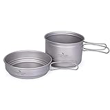 iBasingo Titanium Pot Pan Set with Folding Handle Outdoor Camping Soup Pot Bowl Frying Pan Mess Kit...