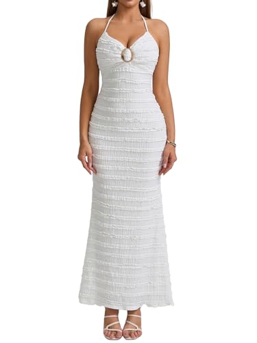 HTZMO Women Elegant Summer Casual Bodycon Maxi Dress Sexy V Neck Halter Ruffle Wedding Guest Formal Long Dresses