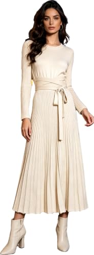 Image of RanRui Womens Winter Fall Pleated Knitted Fit and Flare Long Sleeve Sweater Dress