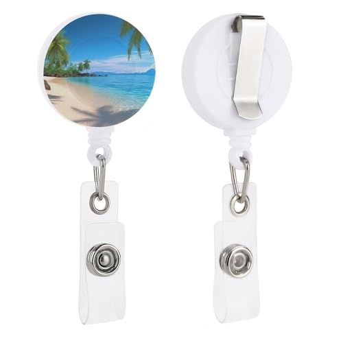 クリップとキーリング付き格納式バッジリール かわいいIDカードバッジホルダー 装飾的看護名バッジホルダー オフィスワーカー 医師 ハワイアンビーチ ヤシの木付き