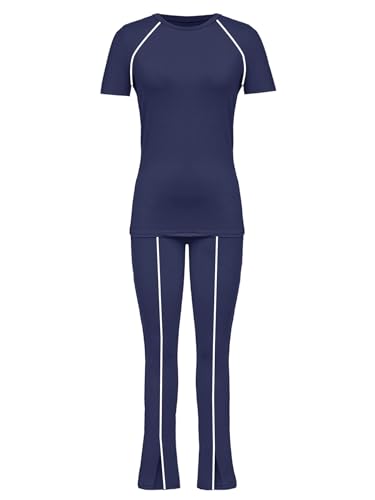 Image of STOLKISS Women 2 Piece Outfits Summer Workout Sweatsuit Striped Short Sleeve Long Flare Pants Casual Travel Tracksuit