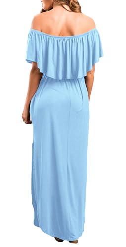 Image of Sarin Mathews Womens Off The Shoulder Ruffle Party Dress Casual Side Split Beach Long Maxi Dresses with Pockets